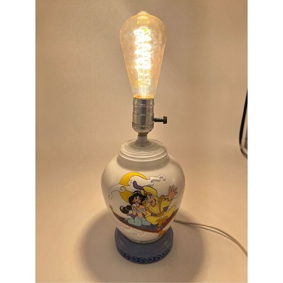 vintage Disney Aladdin & Jasmine Genie Milk Glass Lamp Red Light Night Light 90s - Picture 2 of 12
